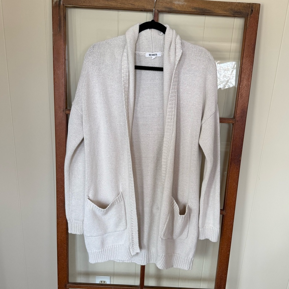 BB Dakota Light Beige Open-Front Knit Boho Cardigan with Patch Pockets - Small